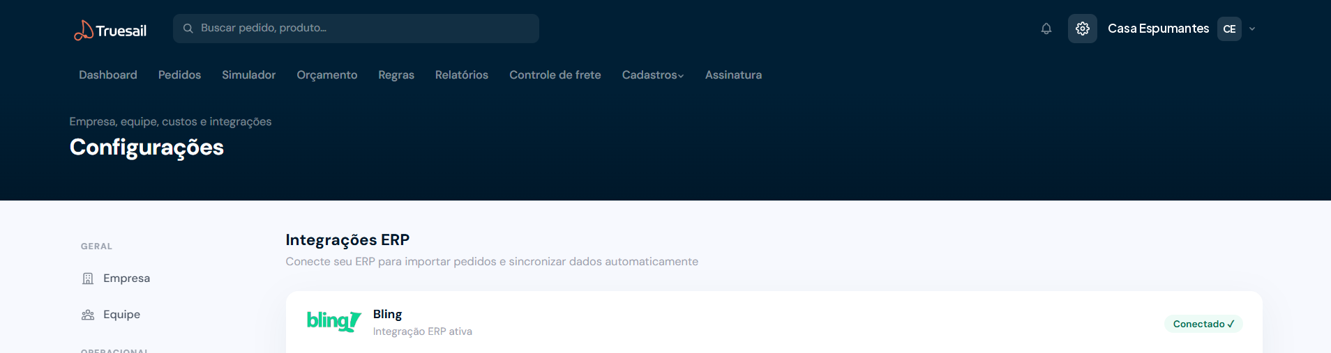 Tela de configurações do Truesail com a integração com o Bling conectada