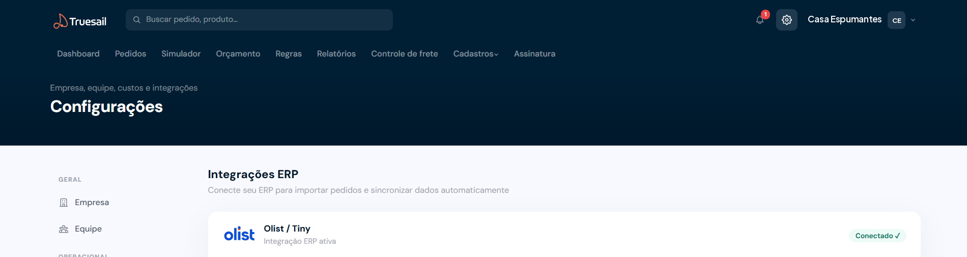 Tela de configurações do Truesail com a integração com o Olist Tiny conectada