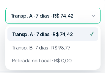 Lista de transportadoras cotadas para um pedido, com prazo e valor do frete de cada uma