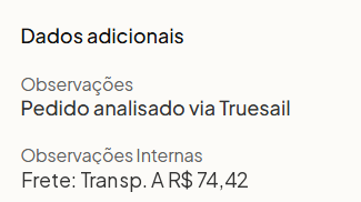Observações de um pedido no Olist Tiny, com a frase da nota e o frete escolhido nas observações internas