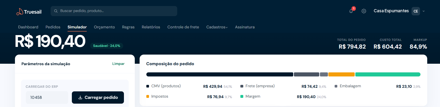 Pedido no Truesail com a margem em destaque e a composição do pedido entre produto, frete, embalagem, impostos e margem