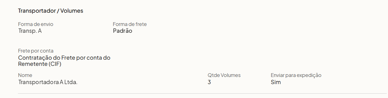 Dados de transporte de um pedido no Olist Tiny preenchidos pelo Truesail, com a transportadora, a quantidade de volumes e o envio para expedição